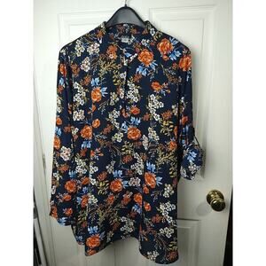 Simply Emma Woman 2X Blouse Blue Orange Floral Roll Tab Collared Button Front